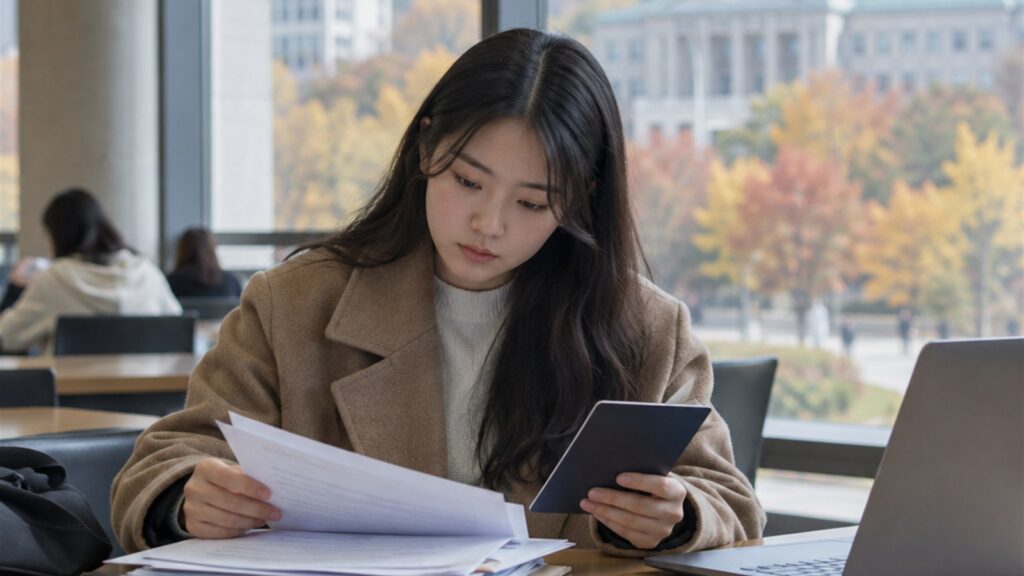 대학 라운지에서 유학 서류와 여권을 살펴보는 학생